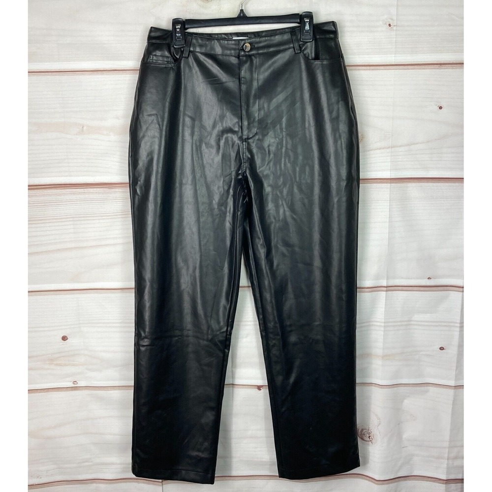 Showpo Pants Womens 12 Black Faux Leather High Waist Straight Leg Pockets Solid